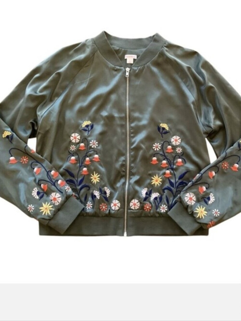 Olive Embroidered Floral Bomber Jacket - Women - Picture 2 of 7